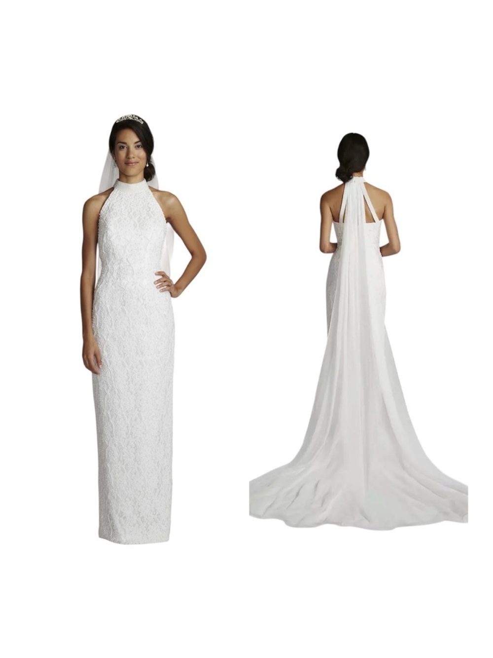 ST. TROPEZ Ivory Pearl Halter Neck Beaded Lace Wedding Gown With Sweeping Train - Picture 2 of 16